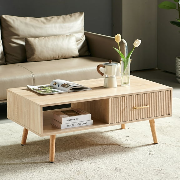 Holaki Mid Century Wooden Coffee Table with Stripe Drawer,Modern 40.94" Large Center Table with Storage,Rectangular Light Wood Coffee Tables for Living Room,2-Tier Cocktail Table,Solid Wood Legs