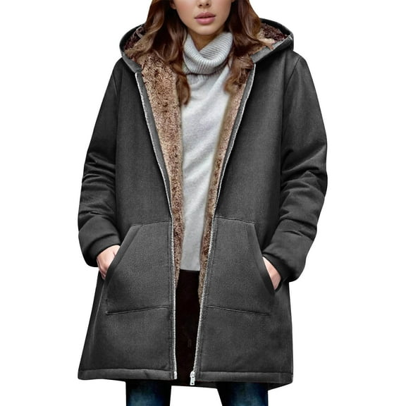 Qetyuw Womens Oversized Hooded Coat Winter Warm Sherpa Lined Jacket Full Zip Up Long Sleeve Casual Coats Outwear