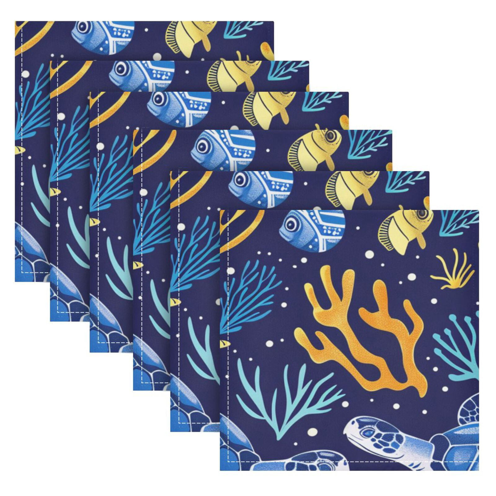 JSTEL Sea Turtle Coral Fish Cloth Napkins Set of 6, 20x20 Inch Washable and Reusable Napkin for Decoupage Dinner Party Everyday Use