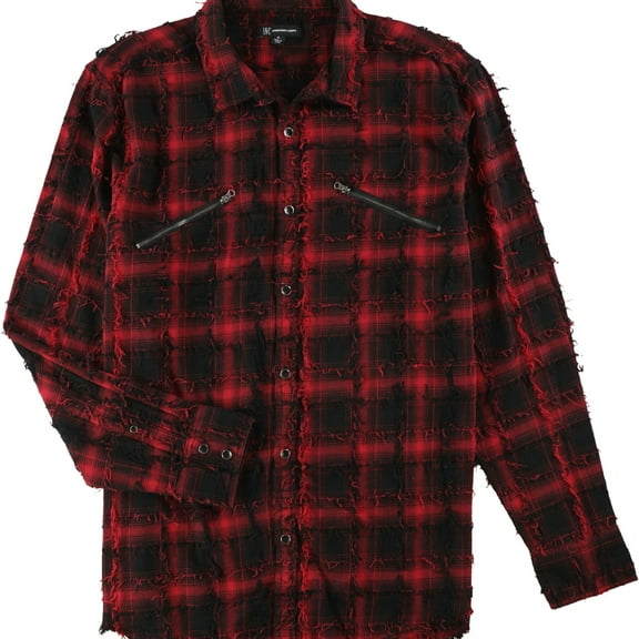 I.N.C Mens Frayed Plaid Button Up Shirt, Red, Medium