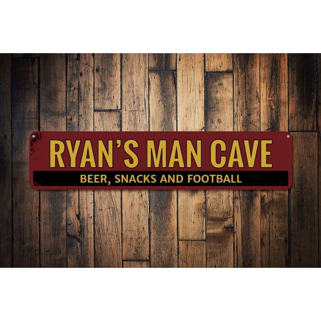 (Metal de aluminio) Letrero con nombre para cueva de hombre, letrero con bocadillos de cerveza y fútbol, letrero decorativo para cueva de hombre, letrero decorativo de metal para regalo del Día del