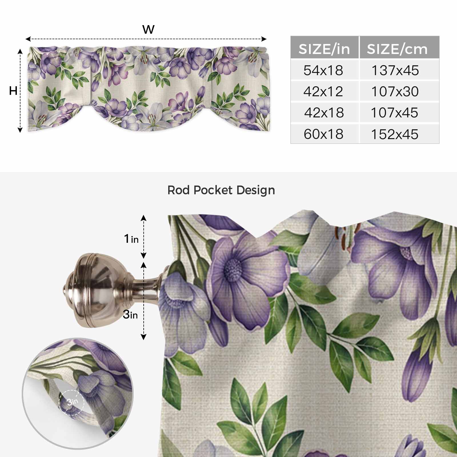 Purple White Flowers Tie Up Valance for Windows, Spring Plants Green Leaf Watercolor Linen Texture Adjustable Rod Pocket Tie Up Valance Curtains for Kitchen Bathroom Bedroom 60 X 18 Inch