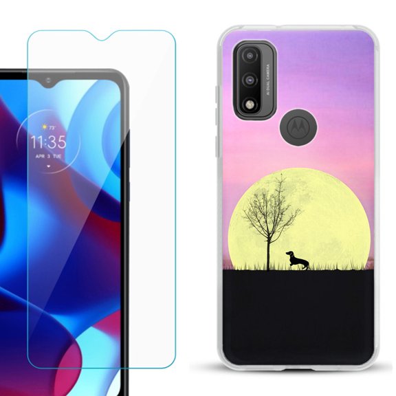 Slim-Fit Gel TPU Phone Case for Motorola Moto G Pure, with Tempered Glass Screen Protector, by OneToughShield ® - Moonlight Dachshund
