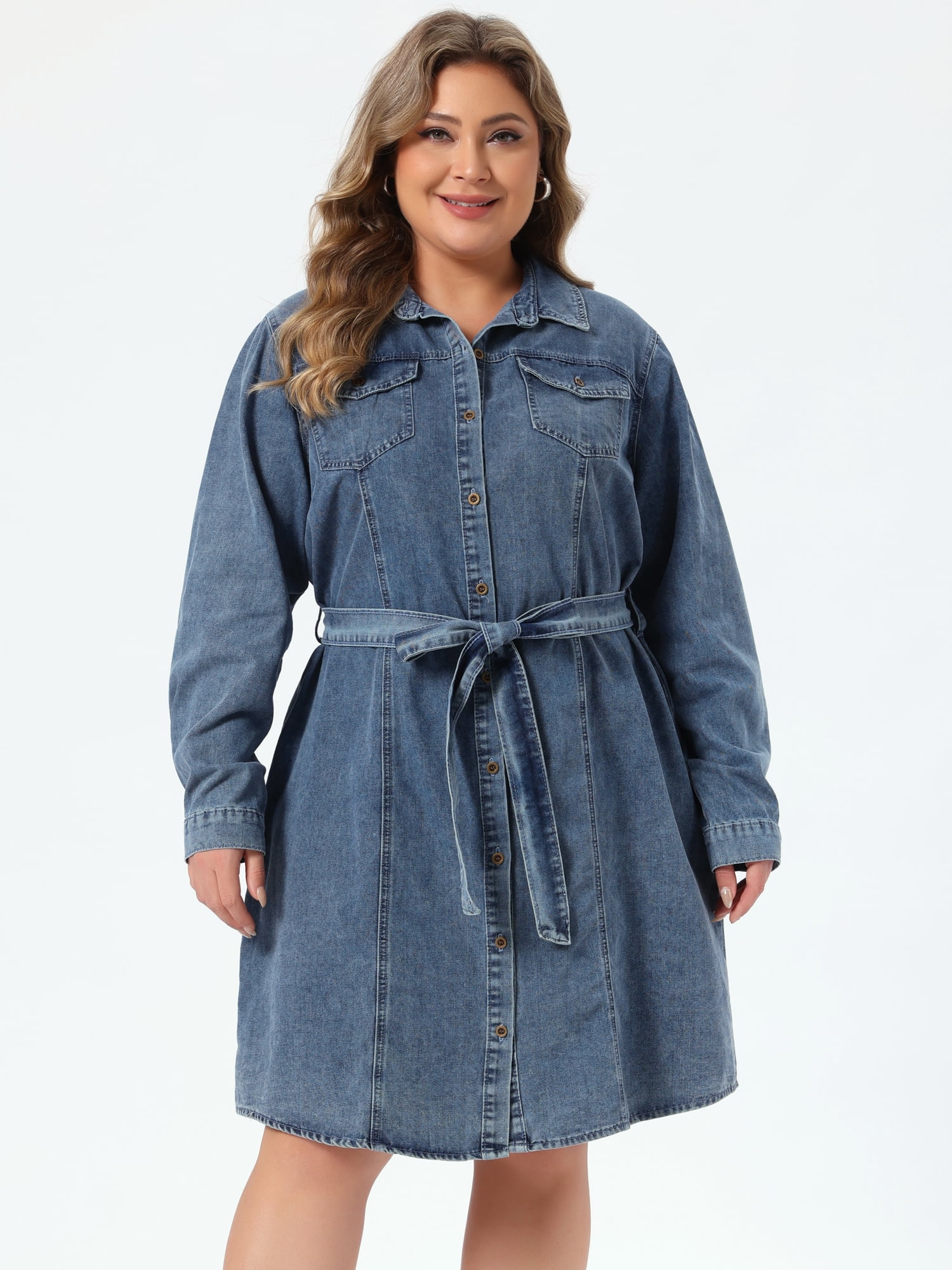 DARING DIVA Women's Plus Size Long Sleeve Belted Above Knee Denim Shirt Dress 1X Gray Blue