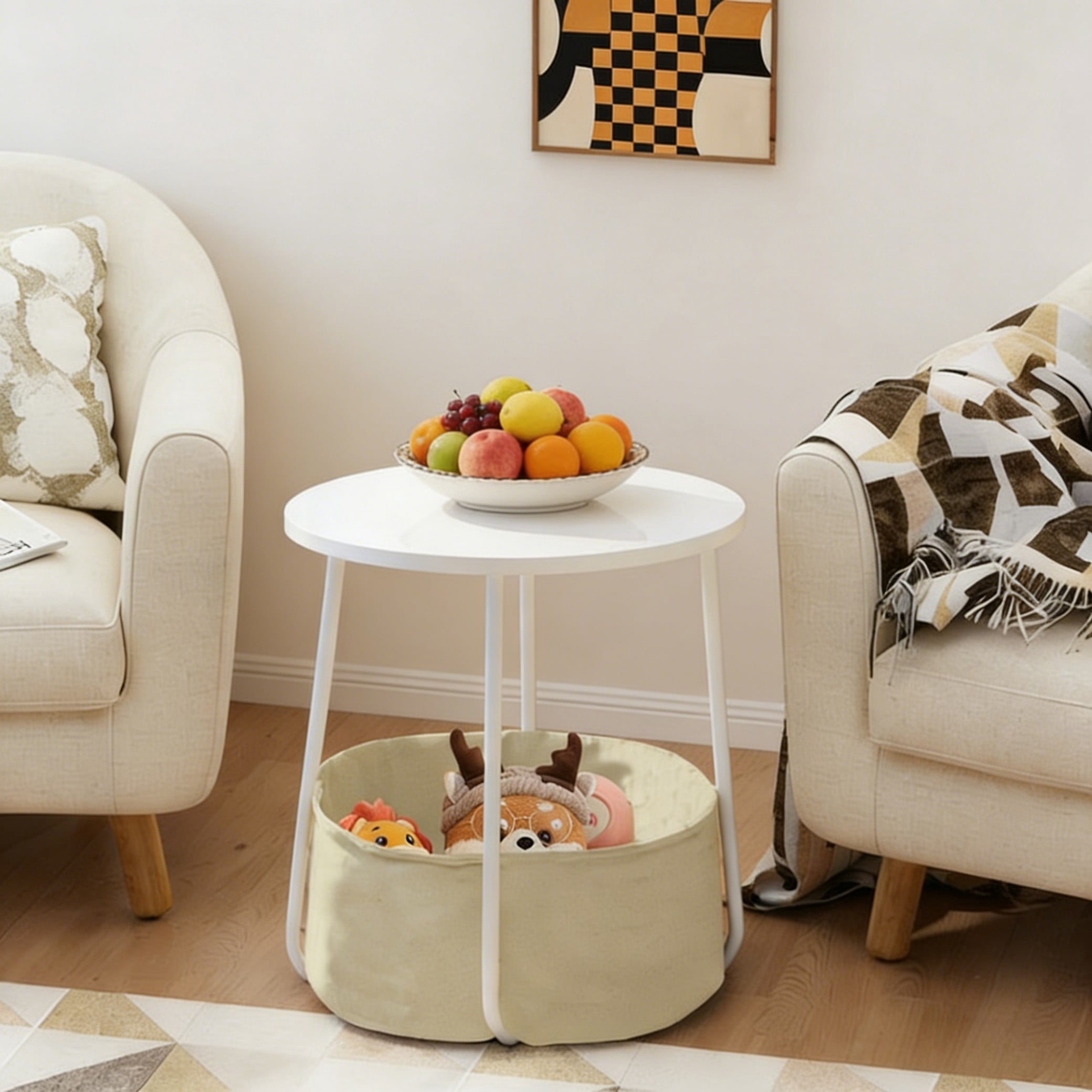 BSHTI 18" Round Coffee Table with Fabric Storage Basket – Space-Saving End Table for Living Room, Bedside Nightstand, Matte White & Beige