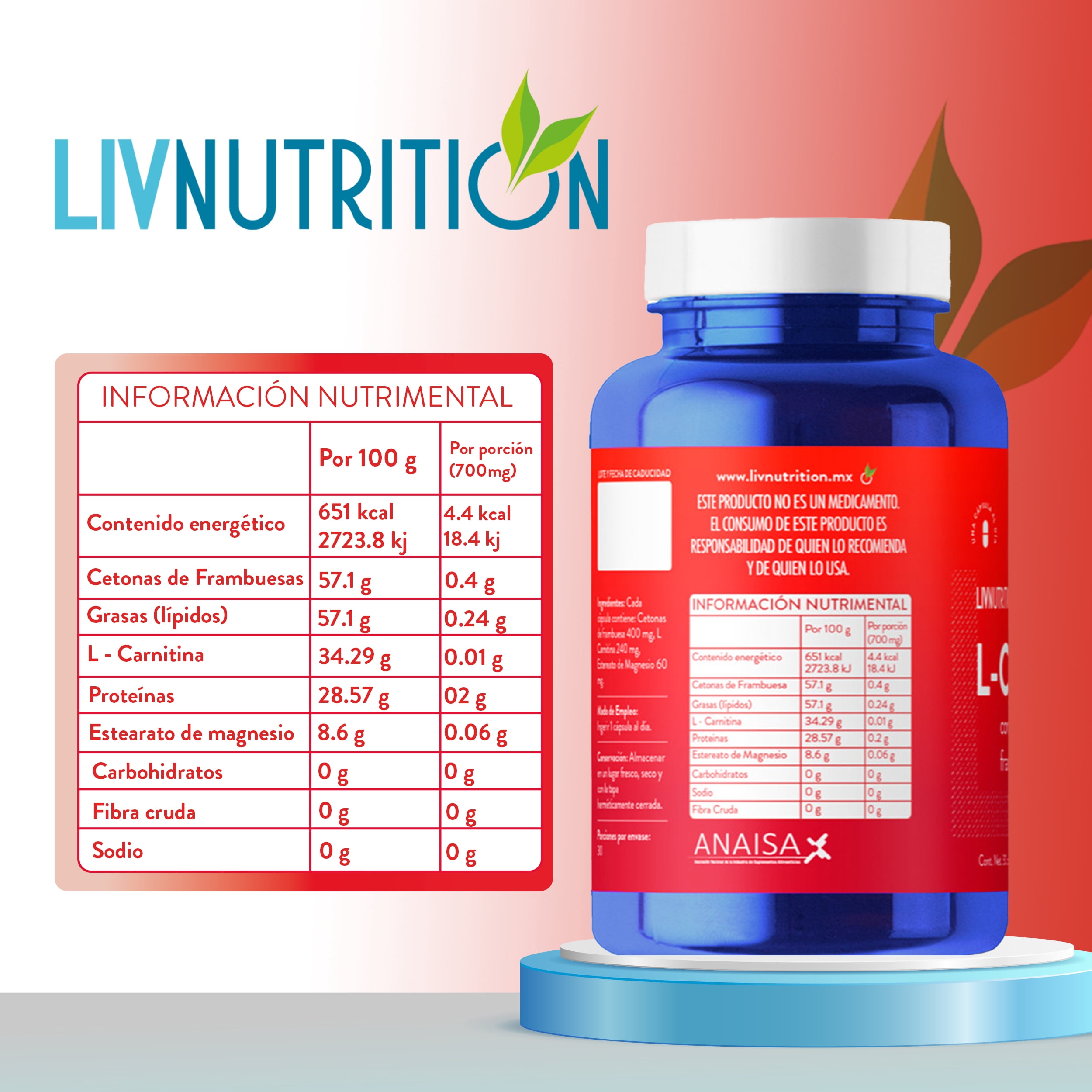 L-CARNITINA LIV NUTRITION Cetonas de Frambuesa Frasco CON 30 Cápsulas  Veganas
