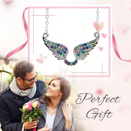 Matashi Rhodium Plated Necklace with Outspread Angel Wings Design with a 16 Inch Extendable Chain and Multicolored Crystals Gift for Women, Birthday, Anniversary