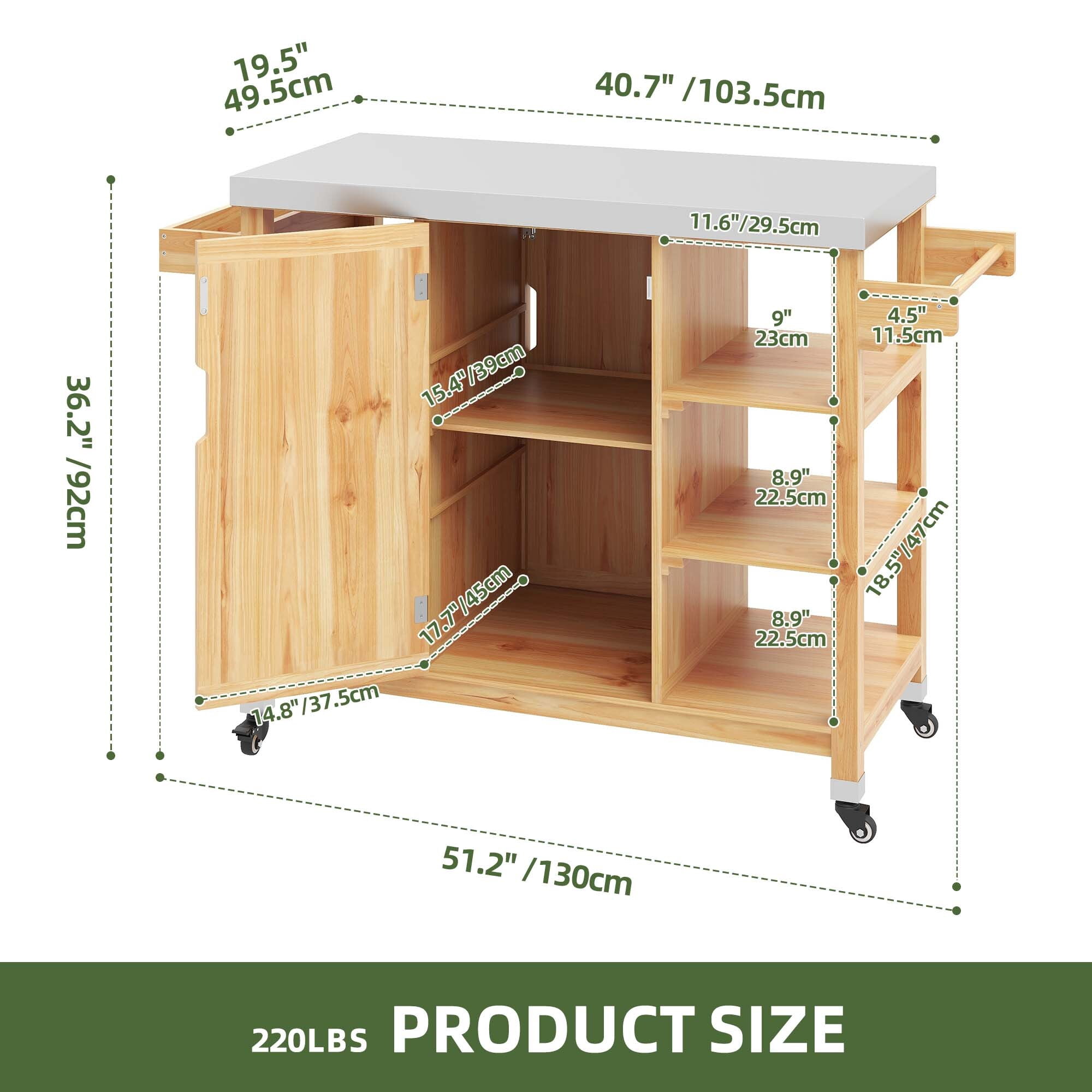 Uforic Wood Kitchen Storage Cart with Stainless Steel Table, Outdoor Grill Cart with Storage, Natural