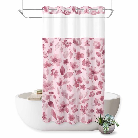 No Hook Shower Curtain, Pink Spring Floral Shower Curtains for Bathroom with See Through Top Window, Summer Botanical Elegant Watercolor Waterproof & Washable Bath Curtain Stand Up Stall 36"x72"