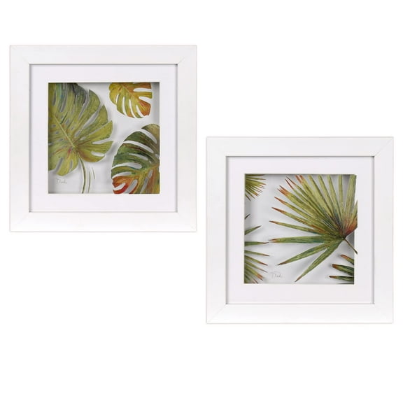 Haven Home D�cor Tropical Palm Leaves 9.5" x 9.5" Framed Behind Glass Wall Art, 2-Piece Set, White-Green
