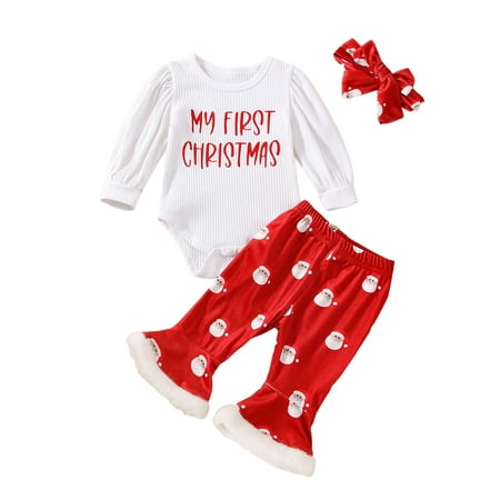 

Seyurigaoka Baby Girls Christmas Jumpsuits Outfit Sets Long Sleeve Letter Print Romper Tops + Santa Claus Print Flared Pants + Bow Headband