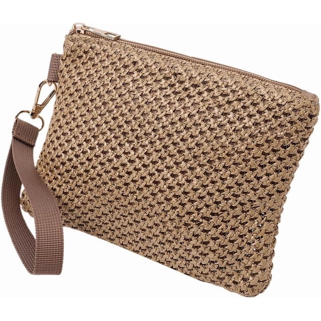 Bolsa de cosméticos tejida de paja marrón, bolsos de playa de paja, bolsos de mano portátiles para vacaciones y viajes.