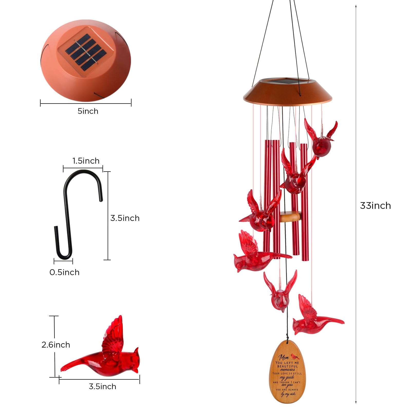 Cardinal Red Bird Solar Wind Chimes - Outdoor Garden Gifts for Mom from Daughter or Son - Mom's Room Decor for Mother's Day, Thanksgiving, Christmas, Birthday