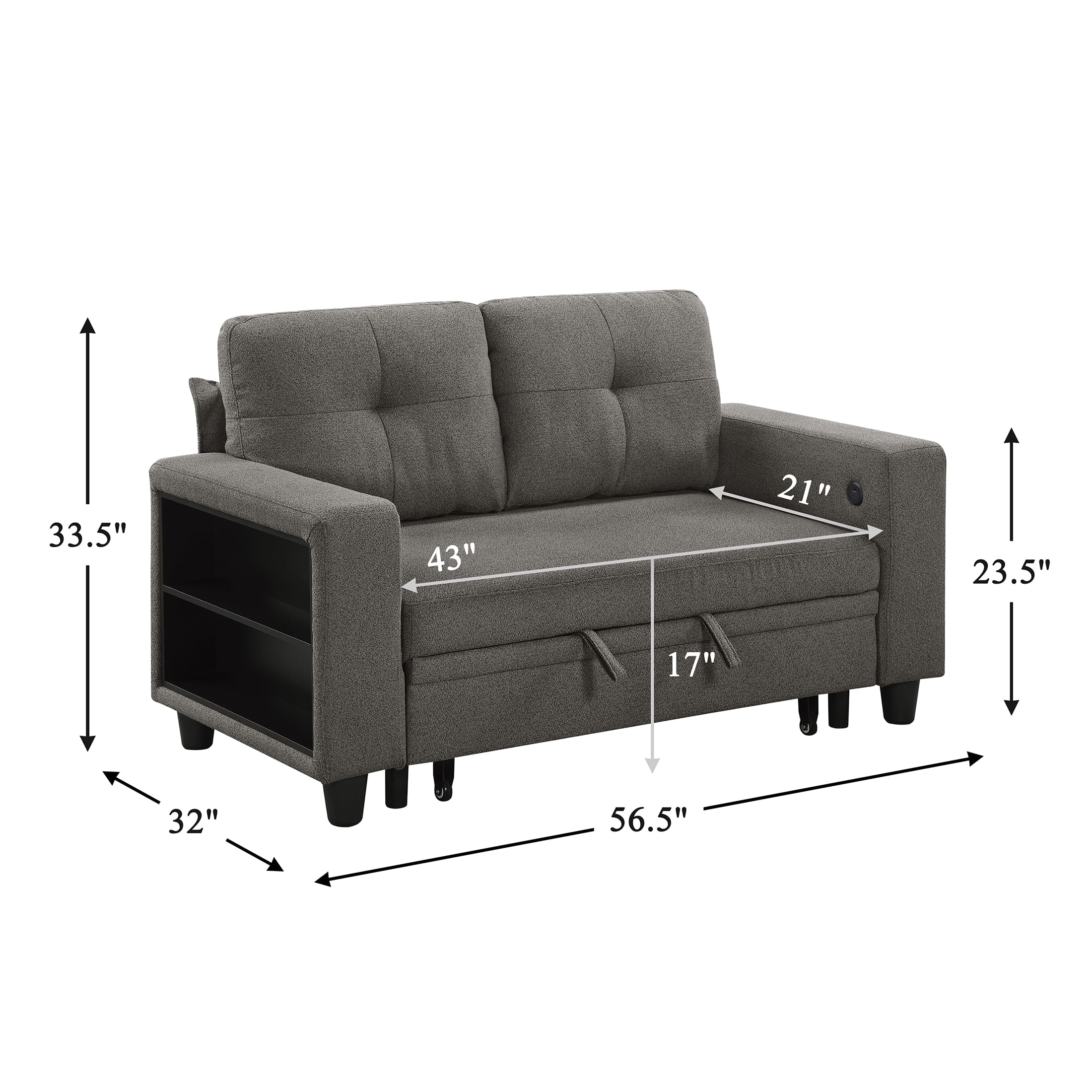 OakvillePark Vessarion Boucle Love Seat with Pull-out Bed, Shelves and Charging Ports, Dark Brown