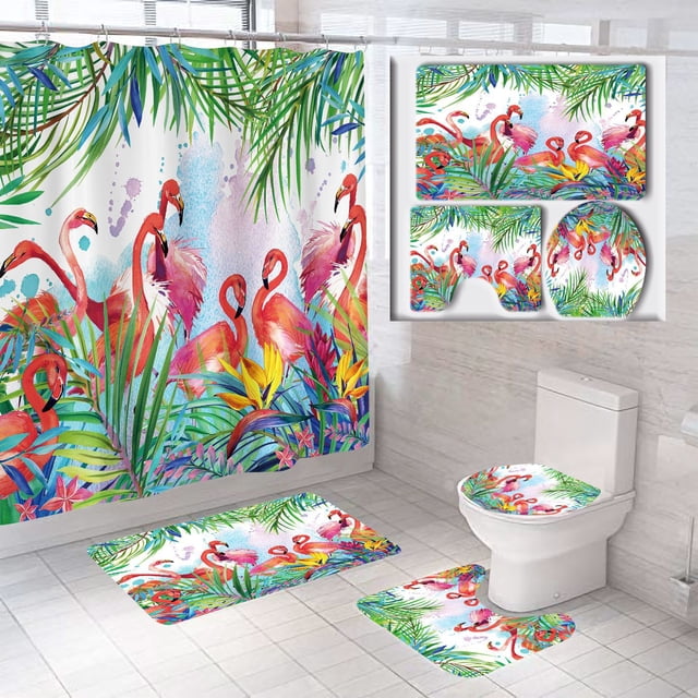 Set de baño Flamingo Tropical con cortina de ducha impermeable