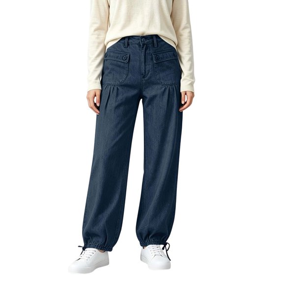 Luivaraty Jeans for Women Button Zip Waist Jeans Comfy Loose High Waist Drawstring Hem Pleated Pockets Denim Pants , S-XL