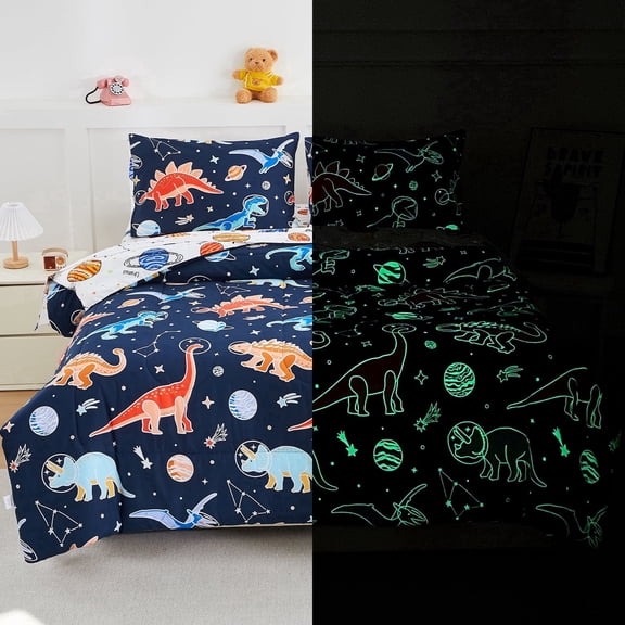 Btargot 5 Piece Glow In The Dark Boy Twin Comforter Set Dinosaur Space Galaxy Kids Bedding Set