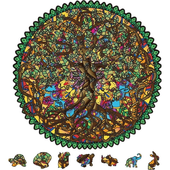 120Pcs Small Tree of Life Wooden Jigsaw Puzzles for Adults 7.5x7.5inch Tree Wood Puzzles for Colorful Animals Shaped Jigsaw Puzzle for Birthday Christmas DIY Making