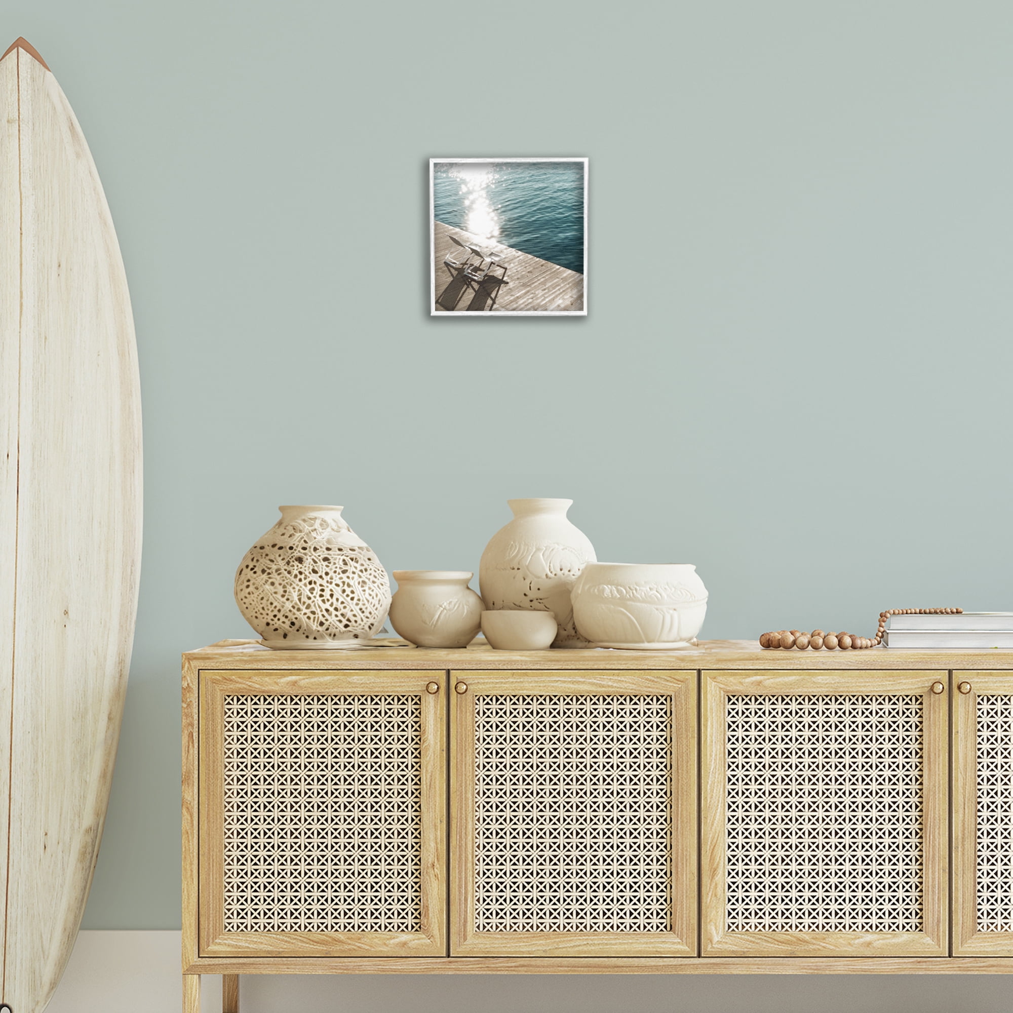 Stupell Industries Deck Chair Shadows Landscape Painting White Framed Art Print Wall Art, 12 x 12