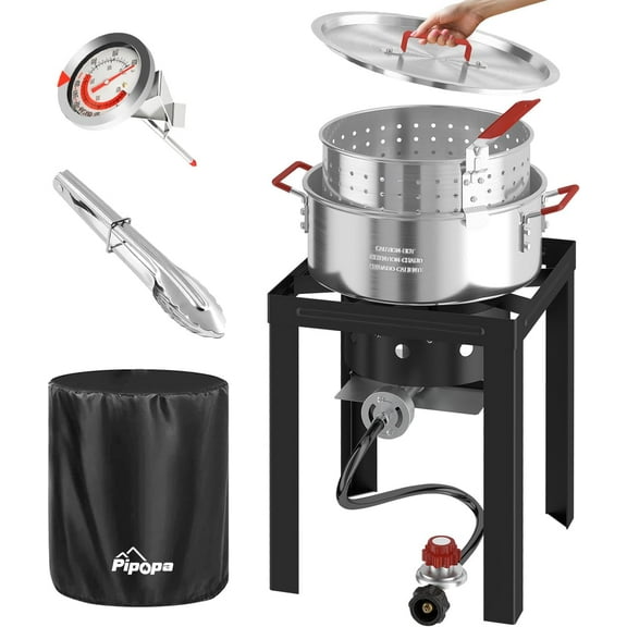 10QT Fish Fryer Pot with Lid | 9inch Fryer Tong | 8QT Basket | 6inch Thermometer | 50,000 BTU Propane Burner | Outdoor Deep Fryer | Ideal for Frying Fish | French Fries | Chicken Wings