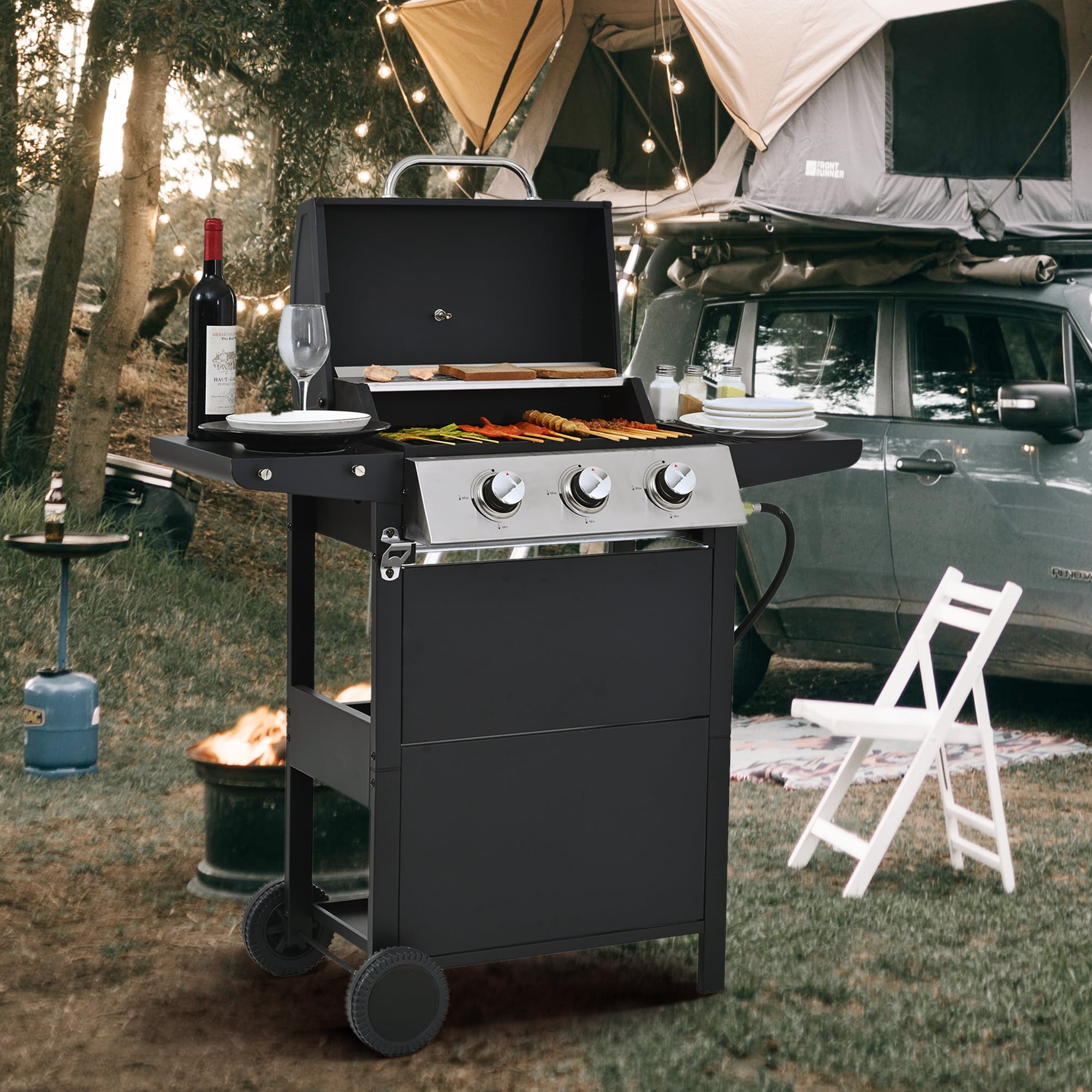 HQZX 3-Burner Propane Gas Outdoor Stainless Steel Grill with 2 Racks, for Camping and Garden