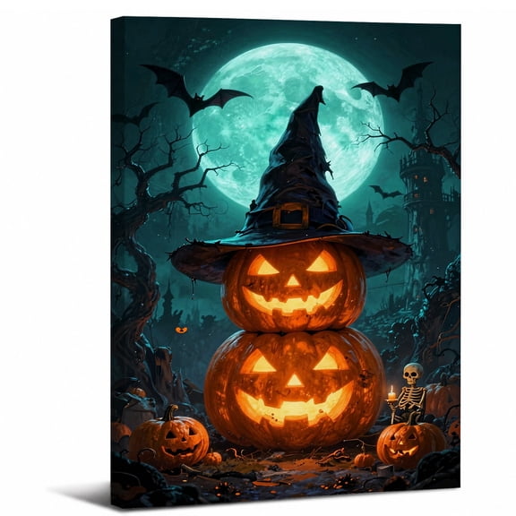 Framed Halloween Pumpkin Canvas Wall Art,Glowing Full Moon Bat Castle Spooky abstract canvas print for bathroom bedroom living room decor,8x12in