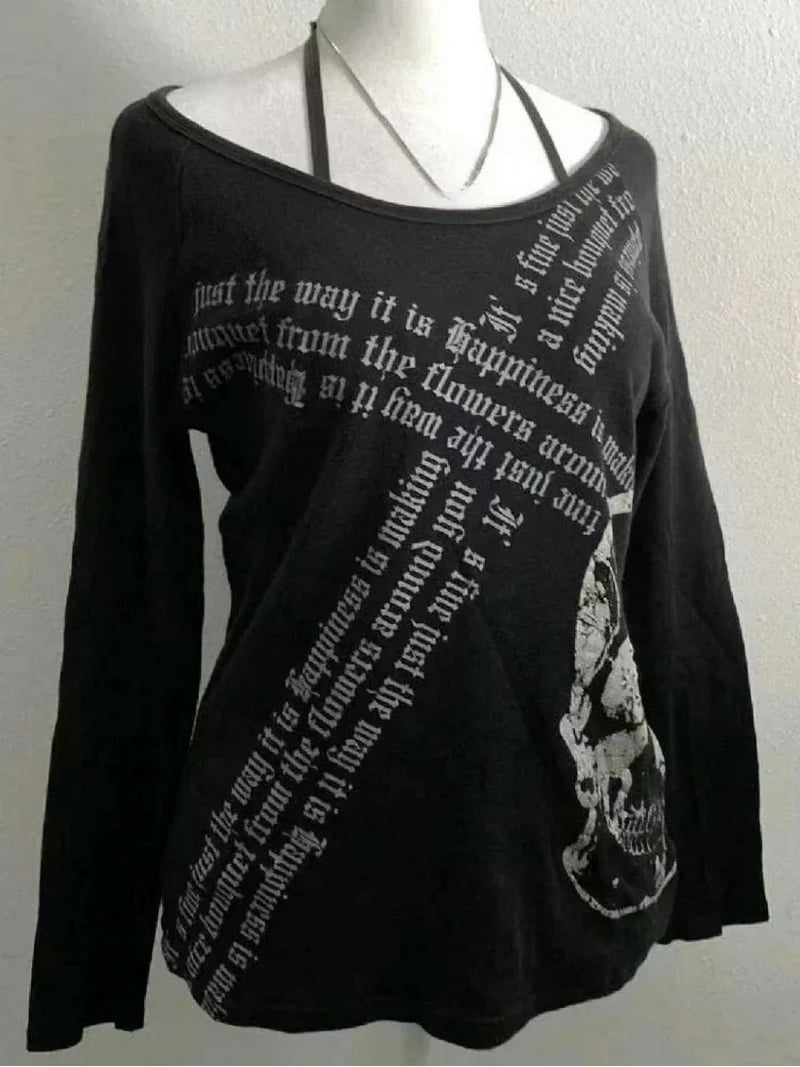 2000s American Vintage Gothic Black Women T-shirts Punk Style