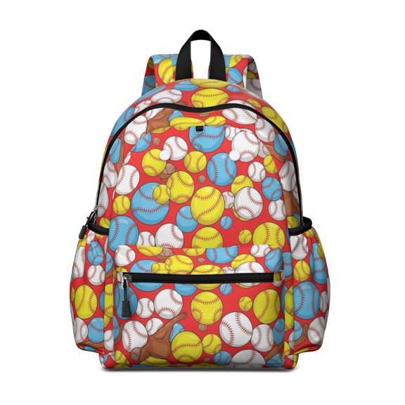 Baseballs and Softballs Red Pattern Cute School Backpack with Padded Back and Adjustable Shoulder Straps 13.4"x11"x4.7"