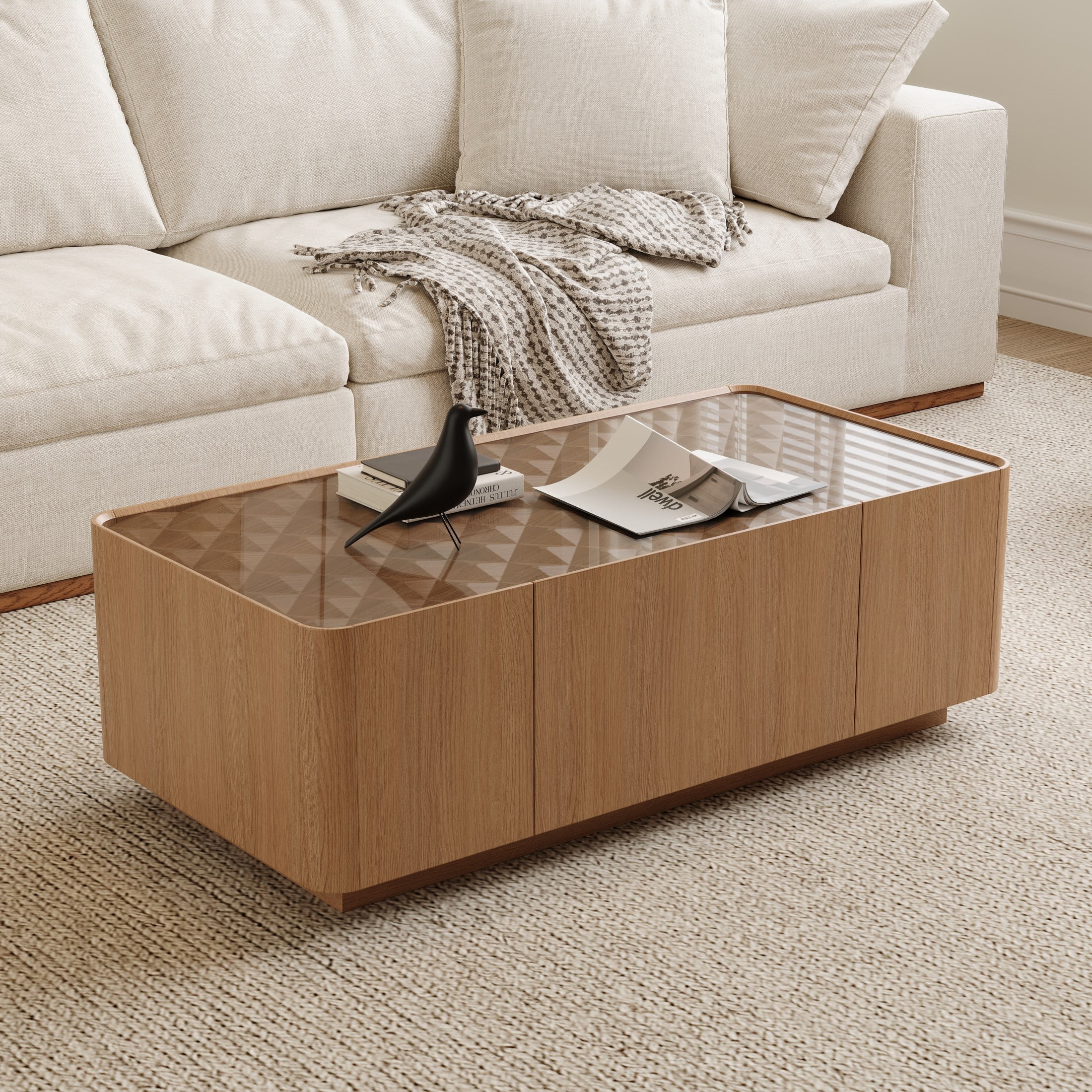 Noble House Millo 46.8" Rectangle Wooden Coffee Table with Tempered Glass Top & Storage Drawers for Living Room, Walnut