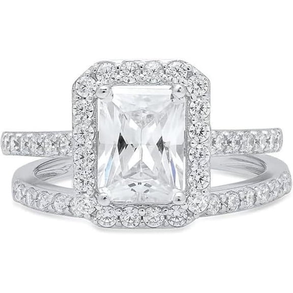 925 Sterling Silver 14K White Gold Plated Emerald Cut White Diamond Halo Engagement Bridal Ring Set For Women