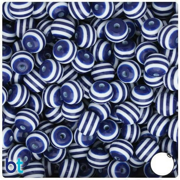 BeadTin Dark Blue & White Striped 10mm Round Resin Beads (75pcs)