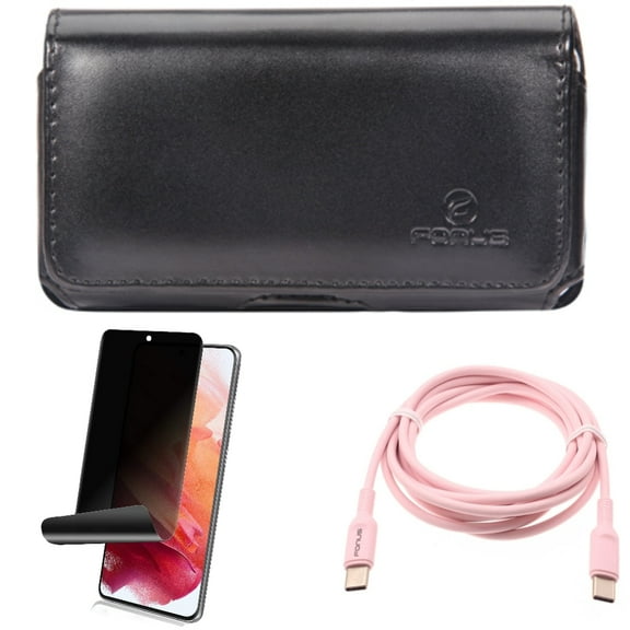 Privacy Screen Protector & Pink 6ft Long Cable & Case Belt Clip for Samsung Galaxy S22 (6.1") - TPU Film Fingerprint Works & USB-C to Type-C PD Fast Charger & Leather Swivel Accessory Bundle