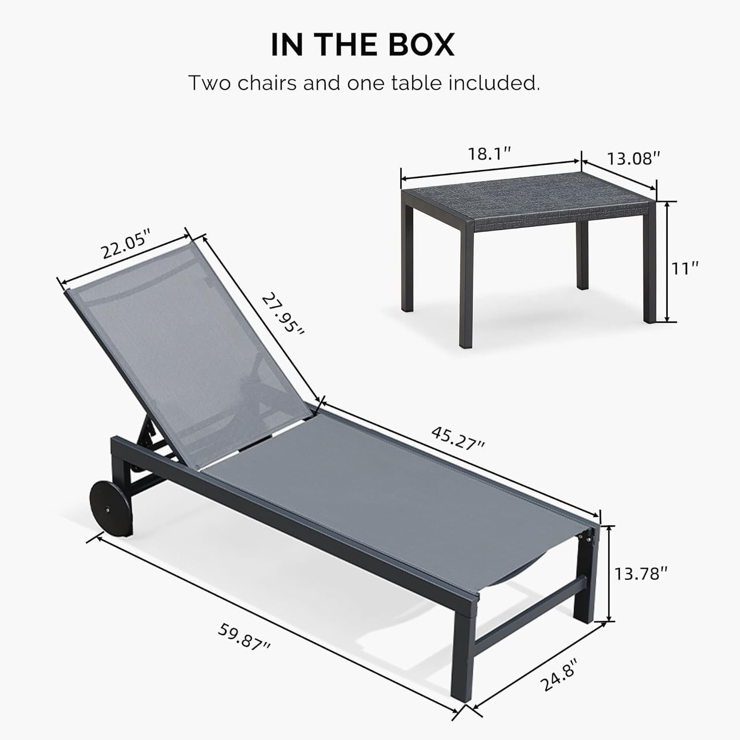 PURPLE LEAF Outdoor Chaise Lounge with Wheels for Outside 2 Pieces Aluminum Patio Lounge Chair with 5 Adjustable Position for Outdoor, Beach, Yard, Pool, Side Table Included, Grey