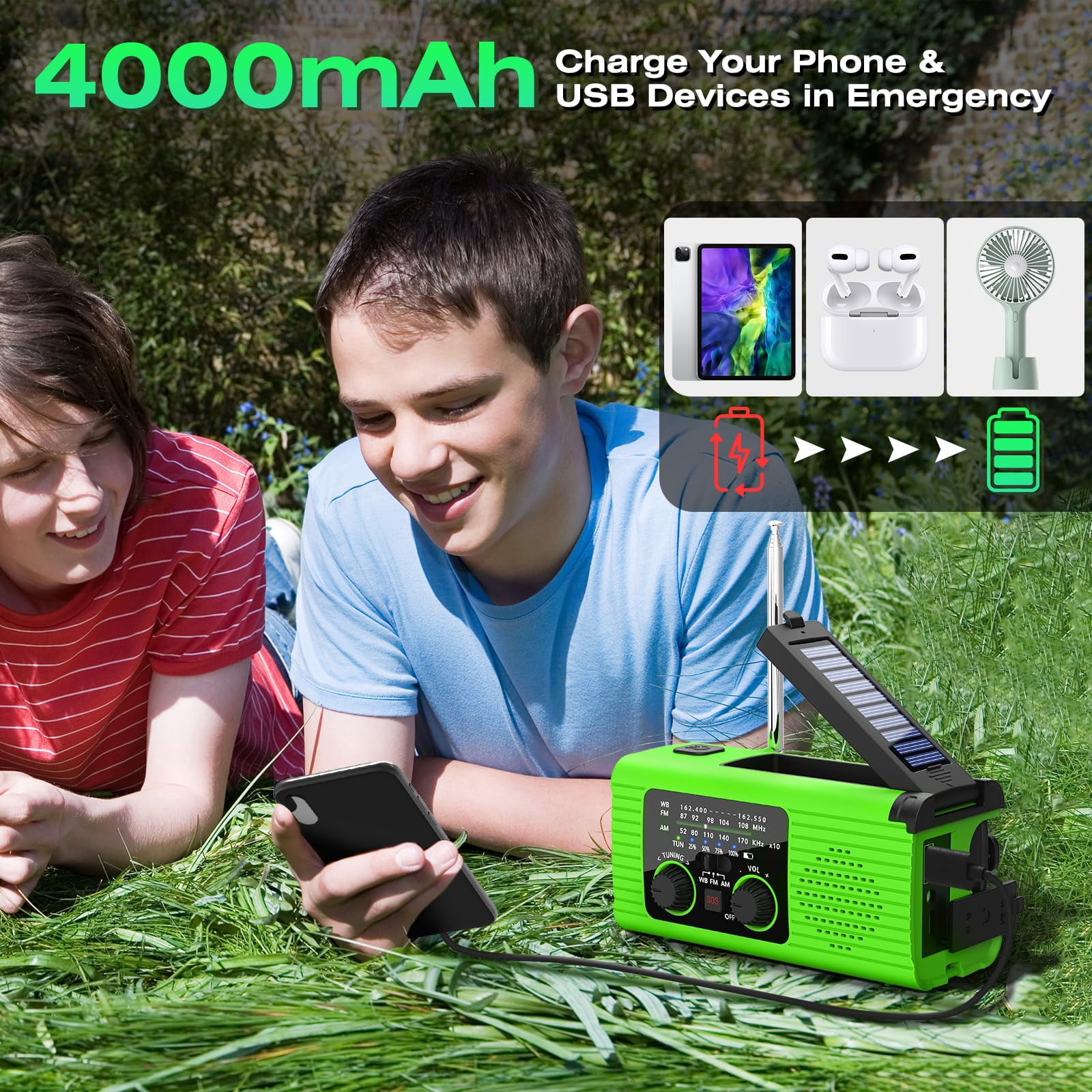 Radios For Emergency  Multifunction Solar Hand Crank Noaa Weather Am/fm Radio 4000mah With Usb Charged Reading Lamp Flashlight Sos Alarm Headphone Jack Camping Emergencies