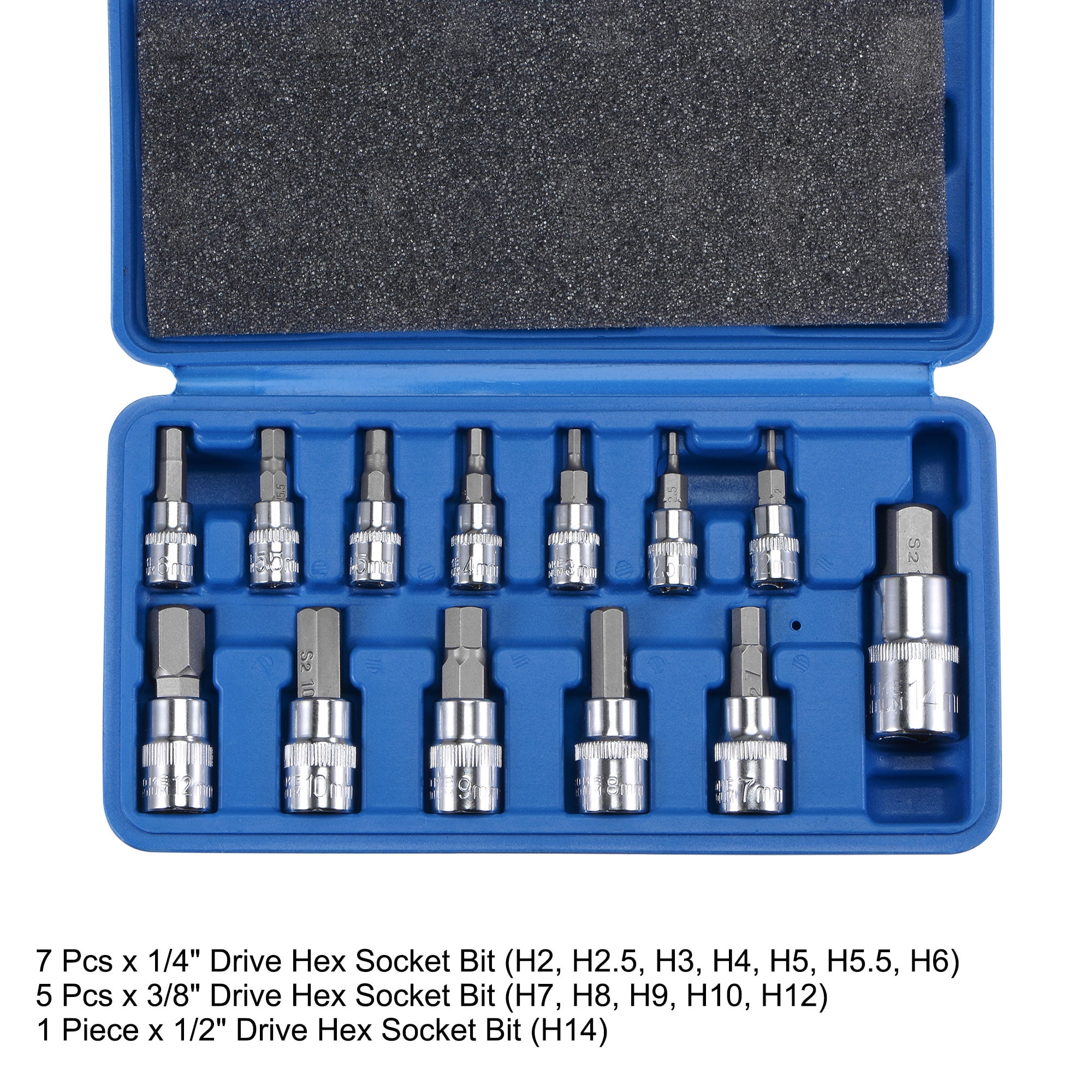 uxcell 1/2-Inch Drive Socket and Bit Set H4 H5 H6 H7 H8 H10 H12 S2 Steel 15 Pcs 
