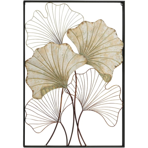 Tropical Gingko Leaf Wall Sculpture, Framed, Composition Panel, Faded Gold Gilt, Layered Patina, Oxidized Wire, Abstract Wall Art, Framed, Hand Made Welded Metal , 30.0 W x 42.25 H Inches