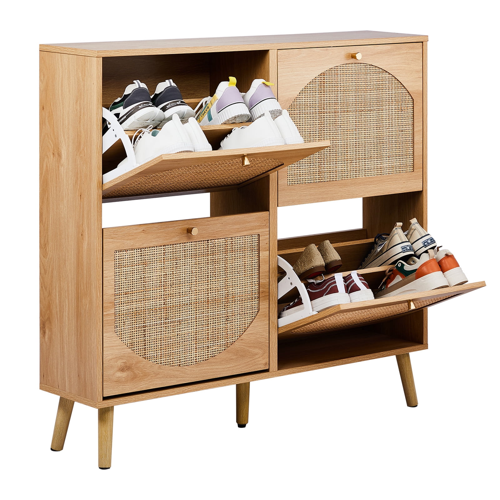 2-Tier Arched Rattan Flip-Down Shoe Cabinet, 12-16 Pair Capacity Melamine MDF Slim Organizer for Narrow Entryways