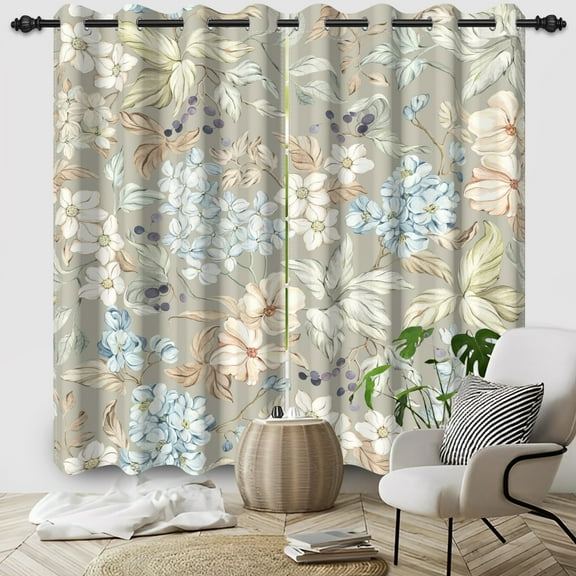SUNOLIFE Grey Floral Blackout Curtains 2 Panels 63 Inch Vintage Flowers Window Curtains for Living Room Bedroom