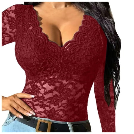 

TANGNADE Women Shirt Lace Shirt See Through Casual Slim Fit Tops Embroidery Sheer Mesh Lace Long Sleeve Deep V Neck Temperament Trim Plunging Neck Lace Lingerie Top Vest Size S 3XL
