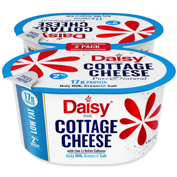 Daisy Pure and Natural Low Fat Cottage Cheese, 2% Milkfat, 2-Pack 5.3 oz Cups (Refrigerated) - 17g of Protein per Serving