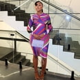 thumbnail image 3 of Women's Colorful Stripes Print O-Neck Long Sleeve Waistband Hips Wrapped Dress, 3 of 20