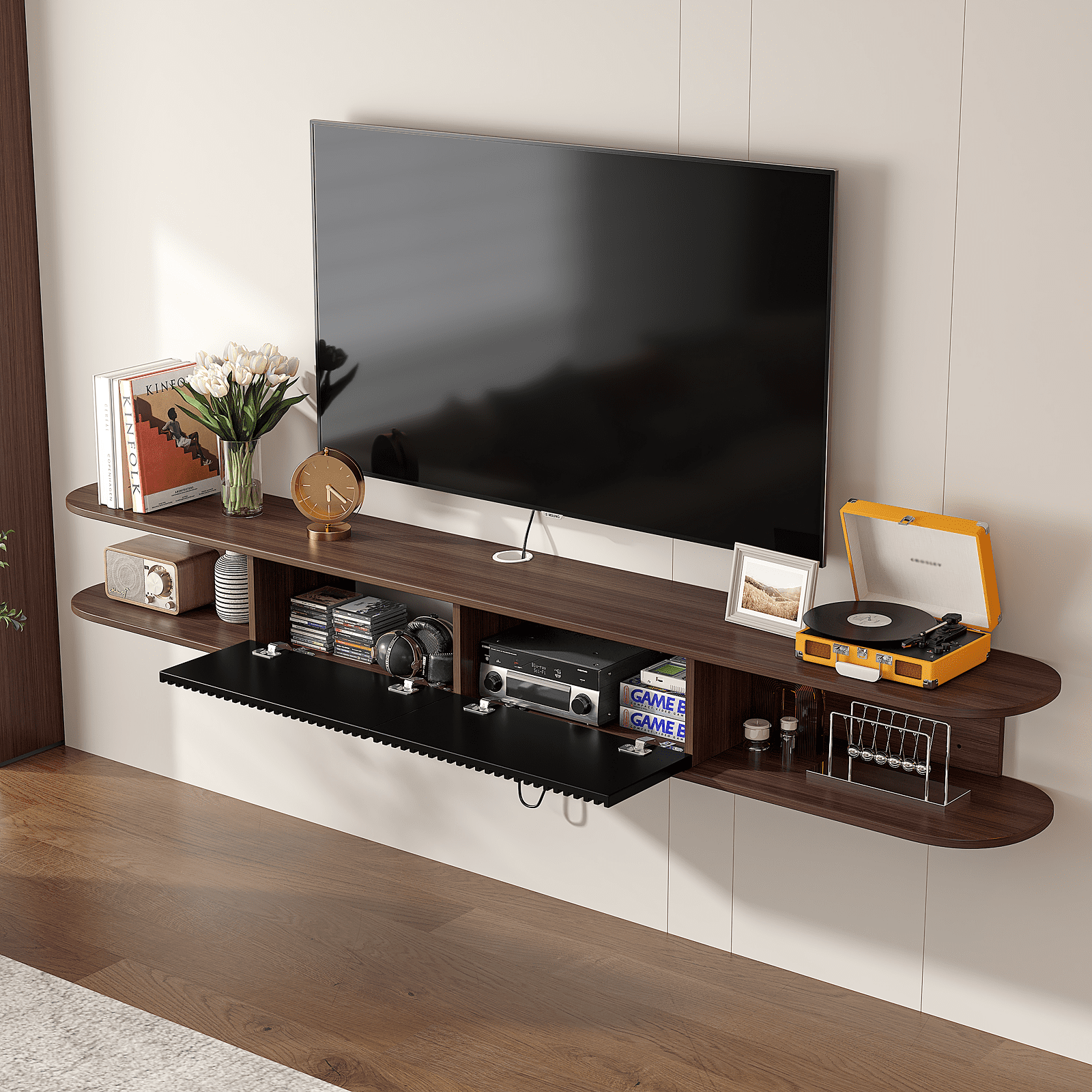 ​​FloatiCasa 78" Floating TV Stand Wall-Mounted Entertainment Center with 2 Doors and Vertical Groove Design for TVs up to 78" for Living Room and Bedroom, Walnut​​ and Black