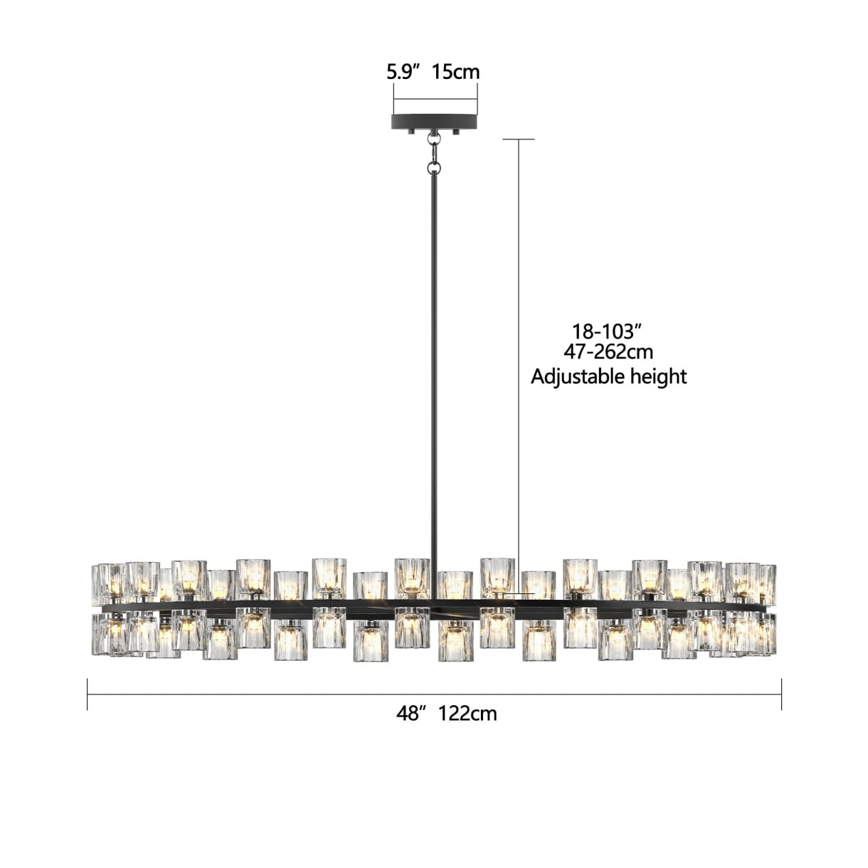 48-Inch Luxury Crystal Chandelier with Dual Ring LED Lighting for Living Room & Dining Room Decor Energy Efficient Included Bulbs Easy Installation Black