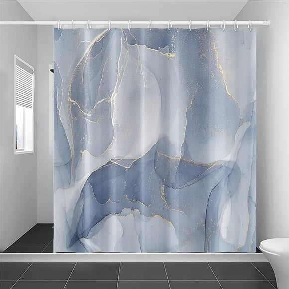 Blue Marble Shower Curtain Light Blue Gold Modern Abstract Watercolor Grey Waterproof Polyester Fabric for Kids’ RV Decoration (72"x72) Includes Hooks Stylish and Durable
