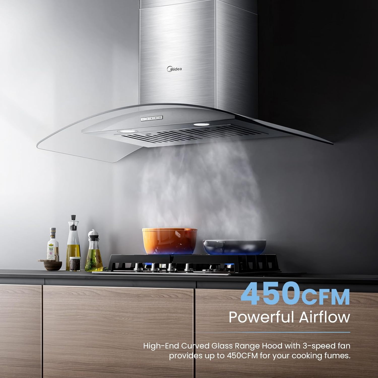Midea 30 inch Ducted Vent Hood: 450 CFM, 3-Speed Fan, Stainless Steel, Wall Mount, MVG30W8AST, New