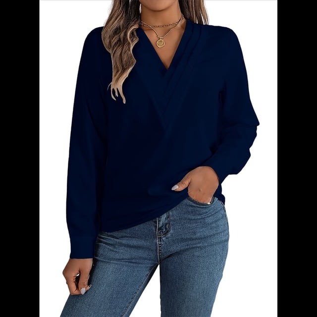 Blusa Plisada de Larga con Cuello en V para Mujer, Ideal para Oficina Azul XXL