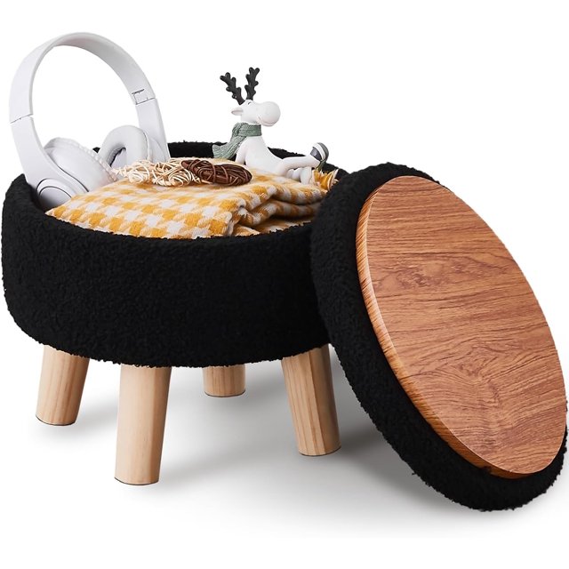 Ottomane de Rangement, Repose-Pieds Rond Moderne avec Siège Rembourré Doux, Repose-Pieds en Velours Teddy avec Pattes en Bois, Petite Table d'Appoint Ou Support pour Plante pour Couloir, Salon (Noir)