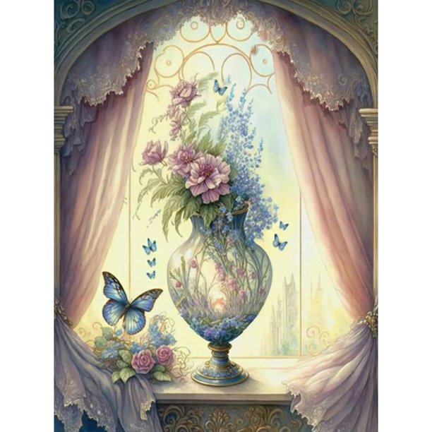Pintura de diamante 5D DIY Kit de jarrón de flores de taladro redondo completo Decoración del hogar (NH3220) Hugtrwg Para estrenar