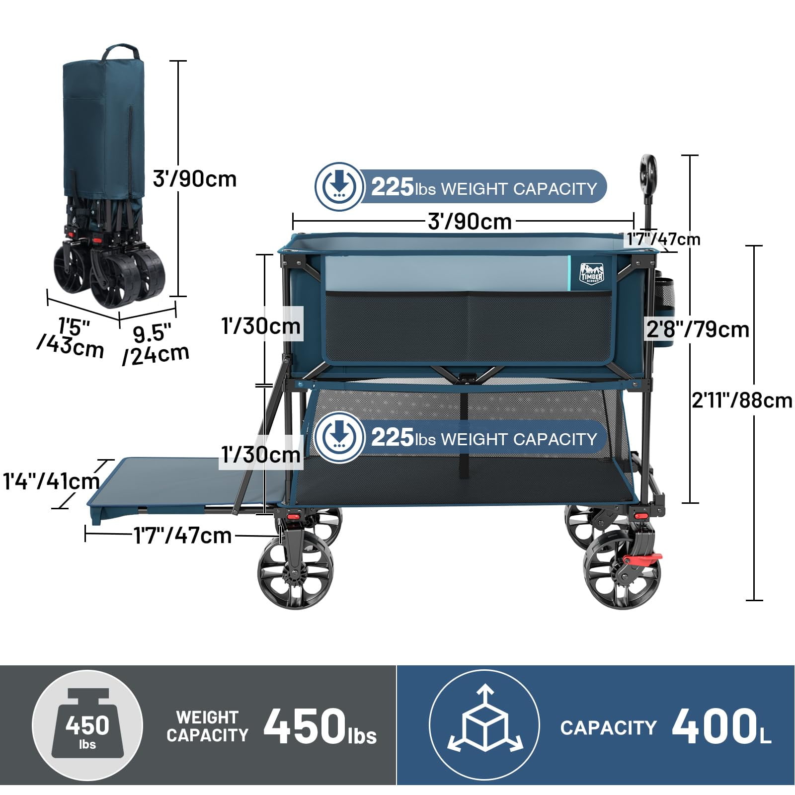 Timber Ridge 400L Large Capacity Folding Double Decker Wagon with Brakes, 54" Extra Long Extender Wagon Cart for Camping, Sports, Shopping