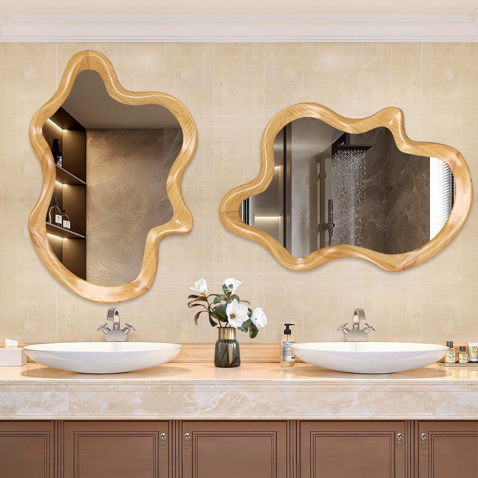 AENKYO Irregular Wall Mirror, Asymmetrical Wavy Wood Frame Decorative Mirror for Bedroom and Bathroom, Natural